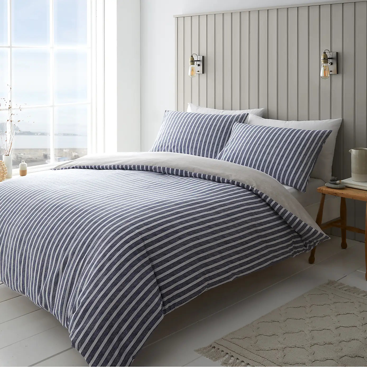 Catherine Lansfield Textured Banded Stripe Reversible Blue Duvet Set