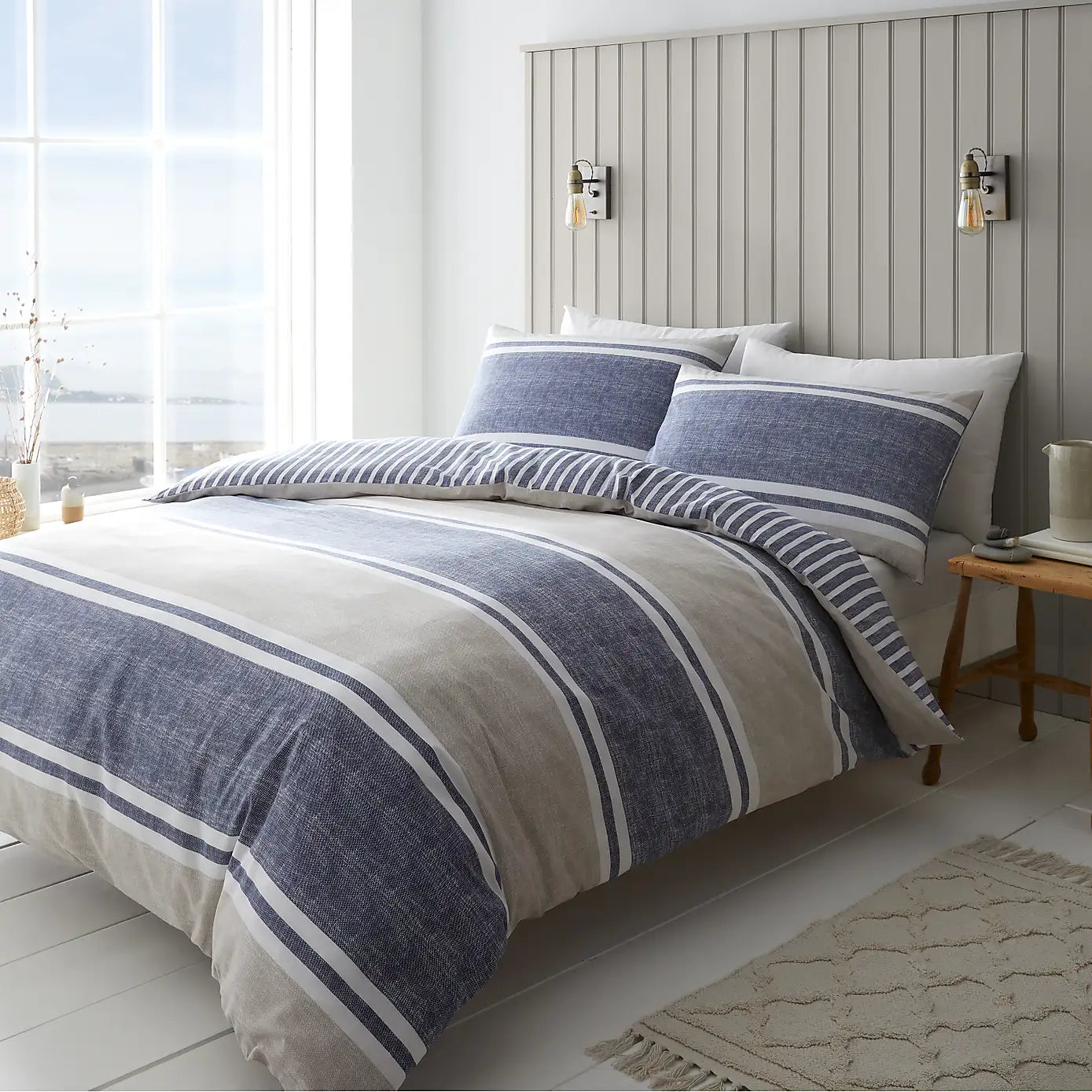 Catherine Lansfield Textured Banded Stripe Reversible Blue Duvet Set