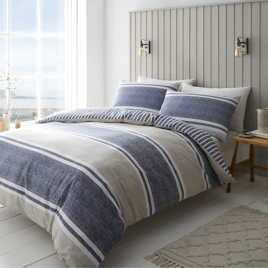 Catherine Lansfield Textured Banded Stripe Reversible Blue Duvet Set