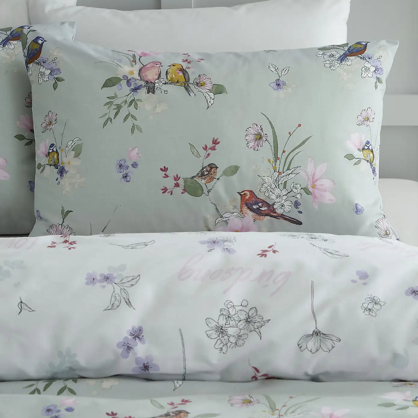 Catherine Lansfield Songbird Sage Reversible Duvet Set