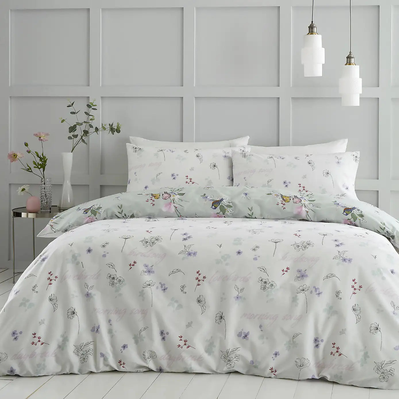 Catherine Lansfield Songbird Sage Reversible Duvet Set