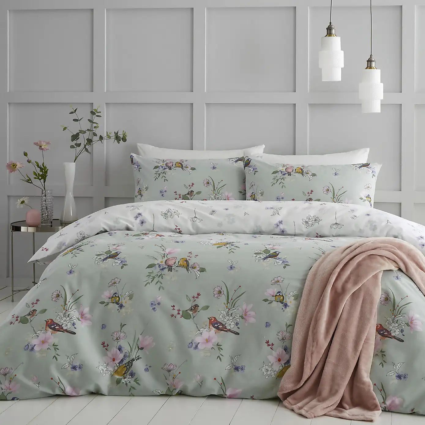 Catherine Lansfield Songbird Sage Reversible Duvet Set