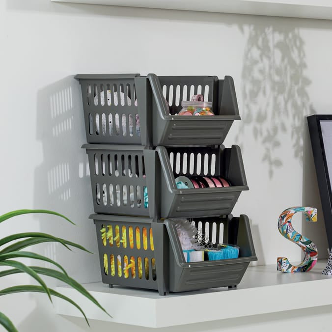 Utility 3 Tier Stackable Storage Baskets - Grey