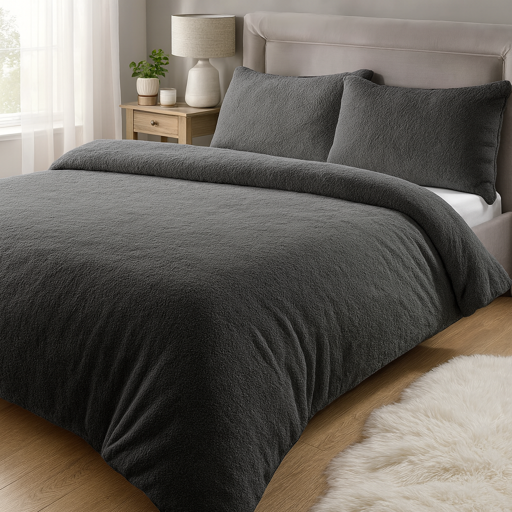 Teddy Fleece Duvet Set - Charcoal