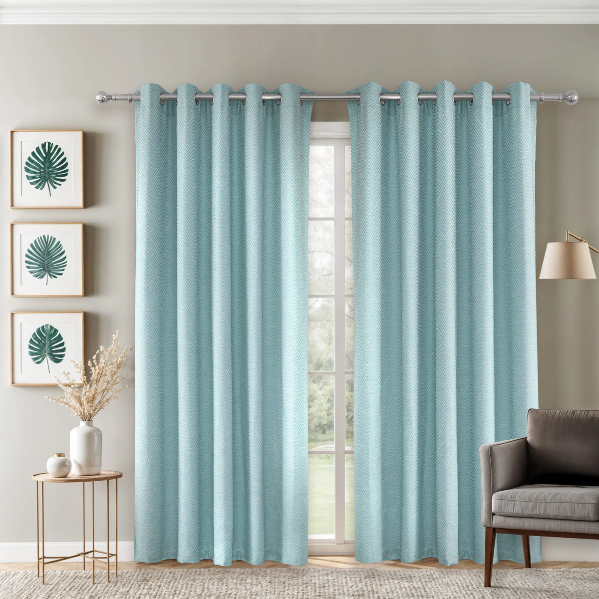 Jacquard Blackout Eyelet Curtains – Duck Egg – 66" x 90" (168x229cm)
