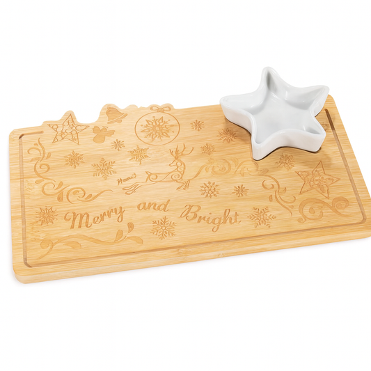 Christmas Bamboo Serving Board with Star Dish – “Merry & Bright