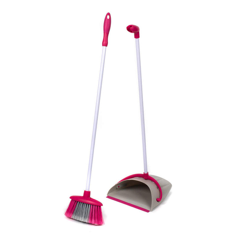Self-Standing Dustpan And Broom Set, Aluminium, White/Pink - Kleeneze