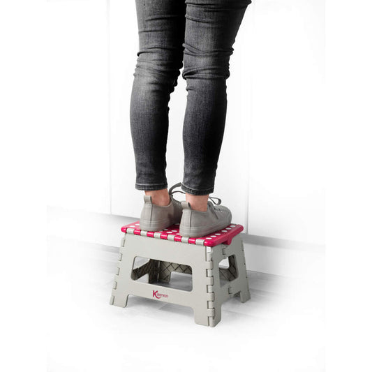 Small Folding Step Stool - Maximum Load 150 Kg, Pink & Grey - Kleeneze