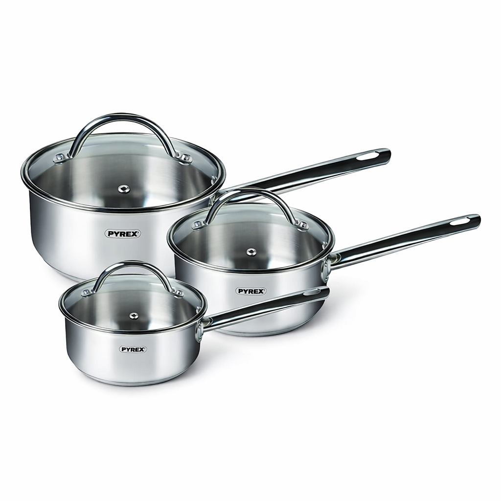 Pyrex Master 3PC Stainless Steel Saucepan Set & Glass Lids