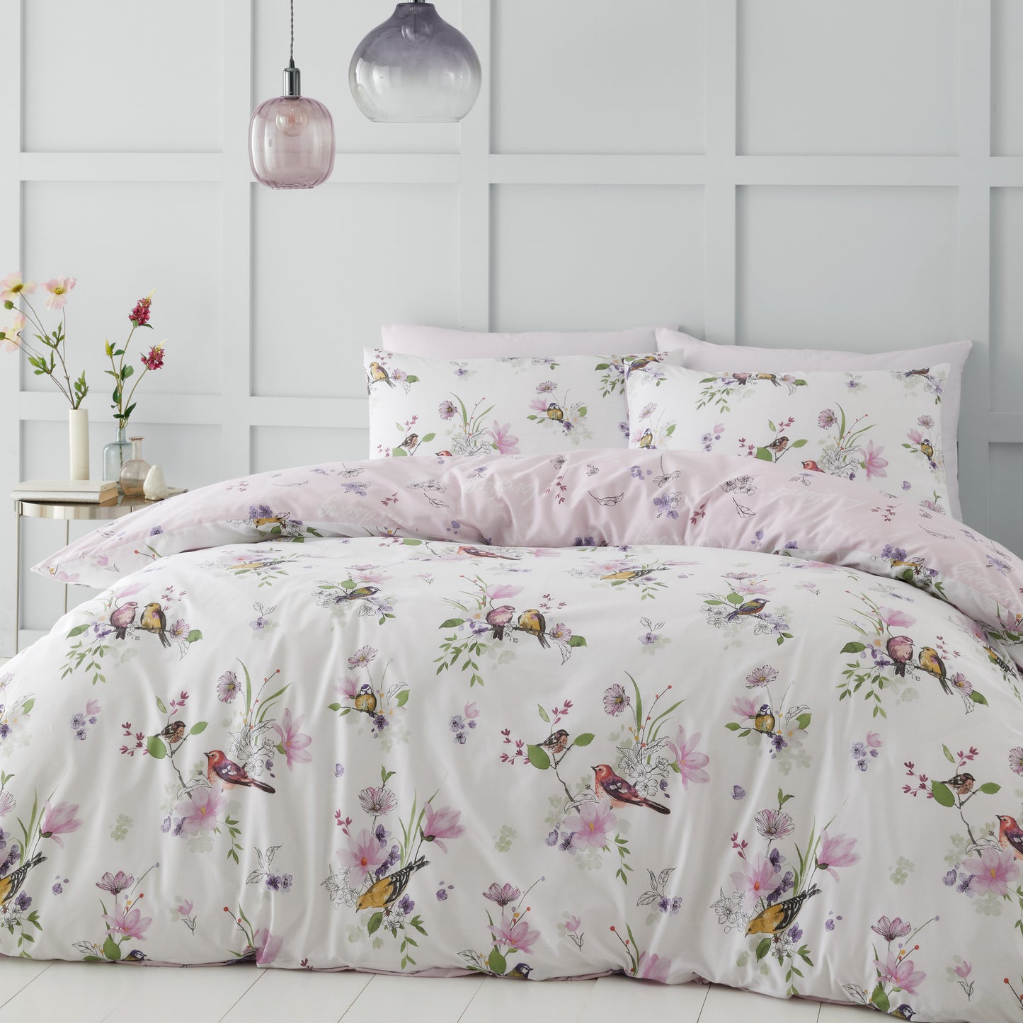 Catherine Lansfield Songbird Pink Reversible Duvet Set