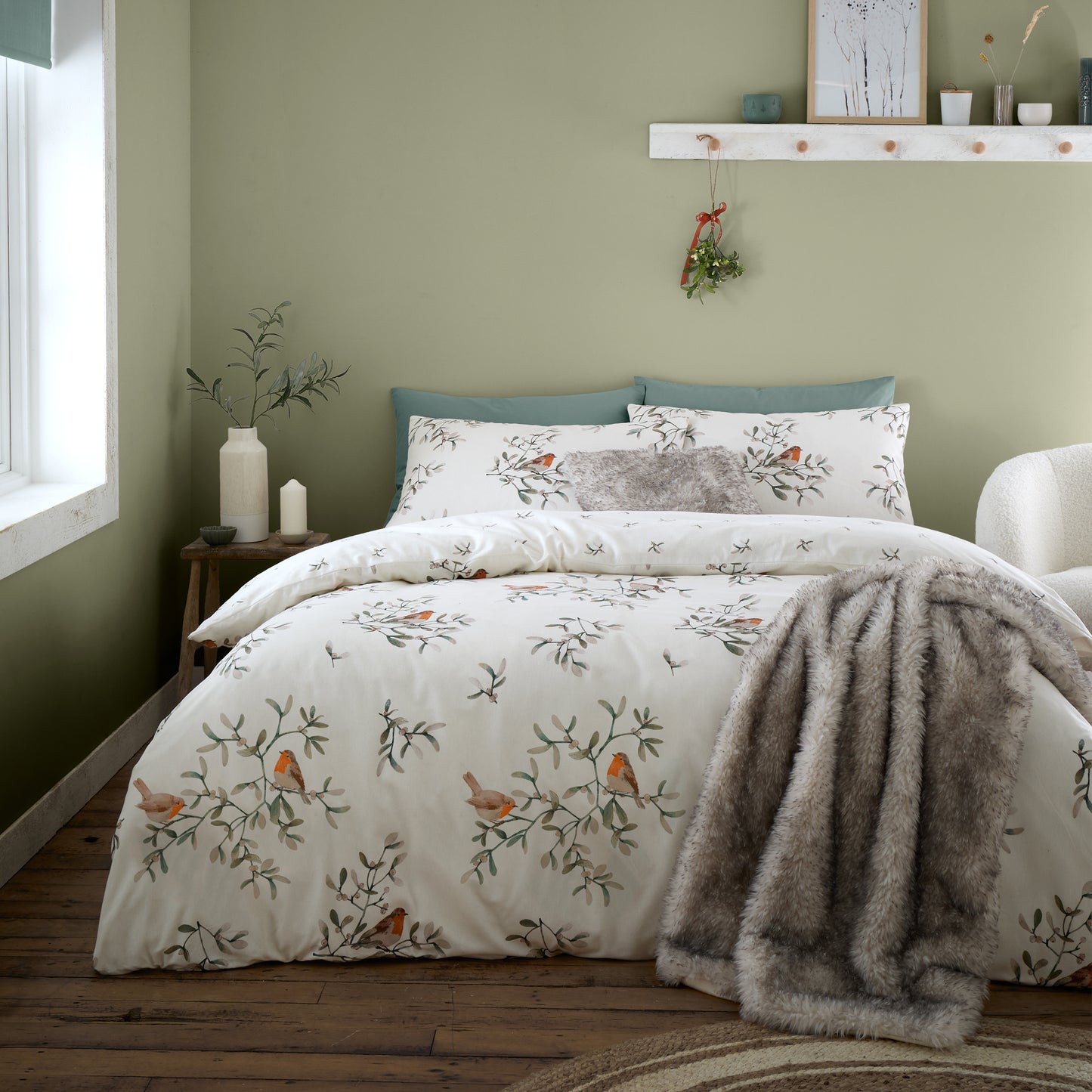 Catherine Lansfield -Brushed Mistletoe Robin Duvet Set