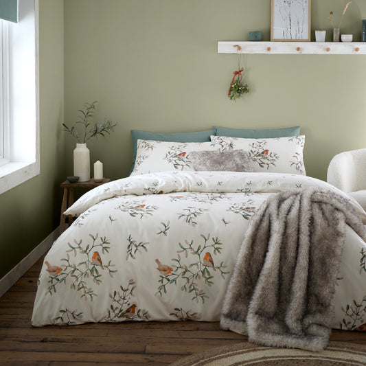Catherine Lansfield -Brushed Mistletoe Robin Duvet Set