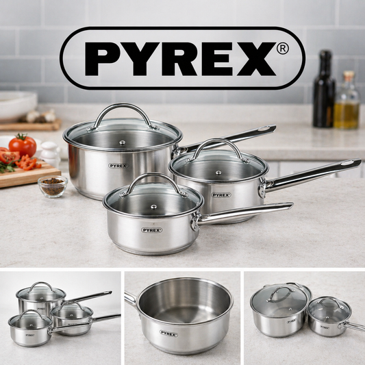 Pyrex Master 3PC Stainless Steel Saucepan Set & Glass Lids