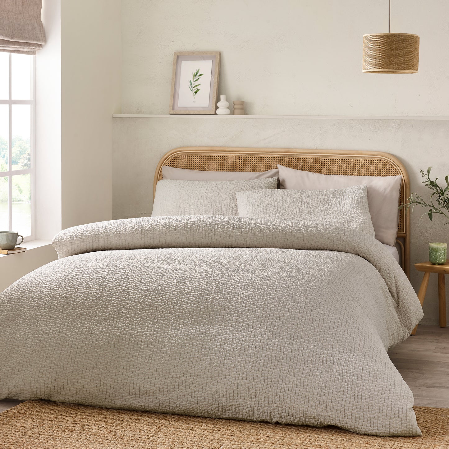Catherine Lansfield Crinkle Seersucker Duvet Set  - Natural
