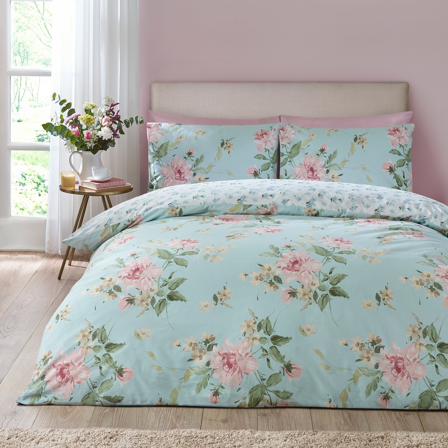 Catherine Lansfield Avebury Floral Duvet Set - Duck Egg