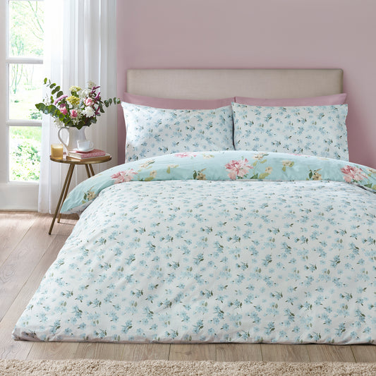Catherine Lansfield Avebury Floral Duvet Set - Duck Egg