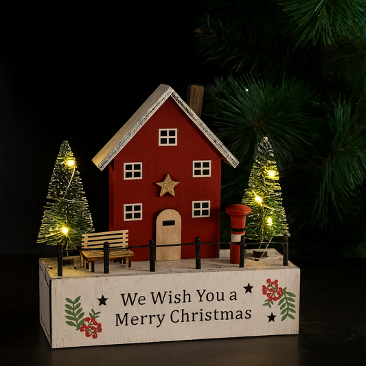 Wooden Christmas House Decoration with Trees & LED Lights