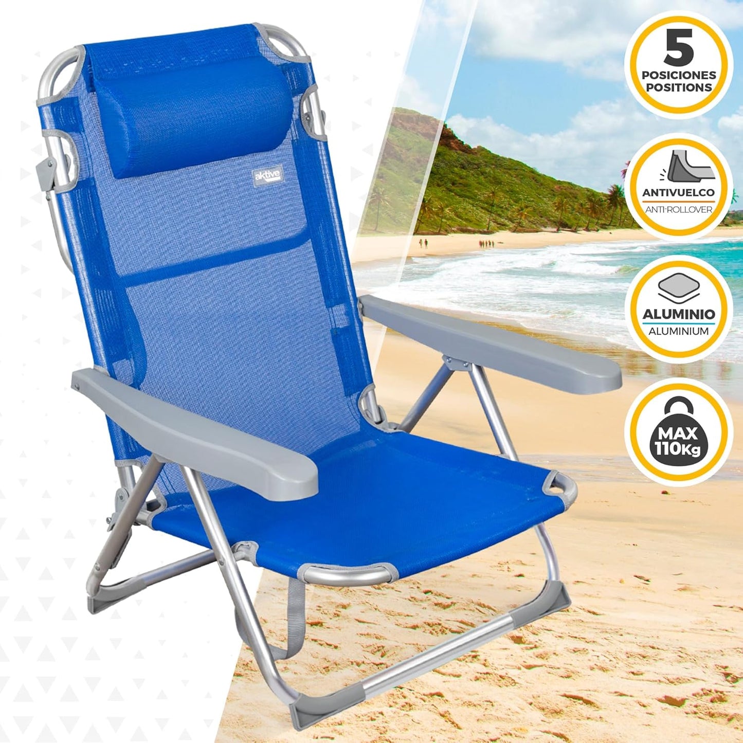 Aktive Multi Position Folding Beach Chair Blue - Mid Height