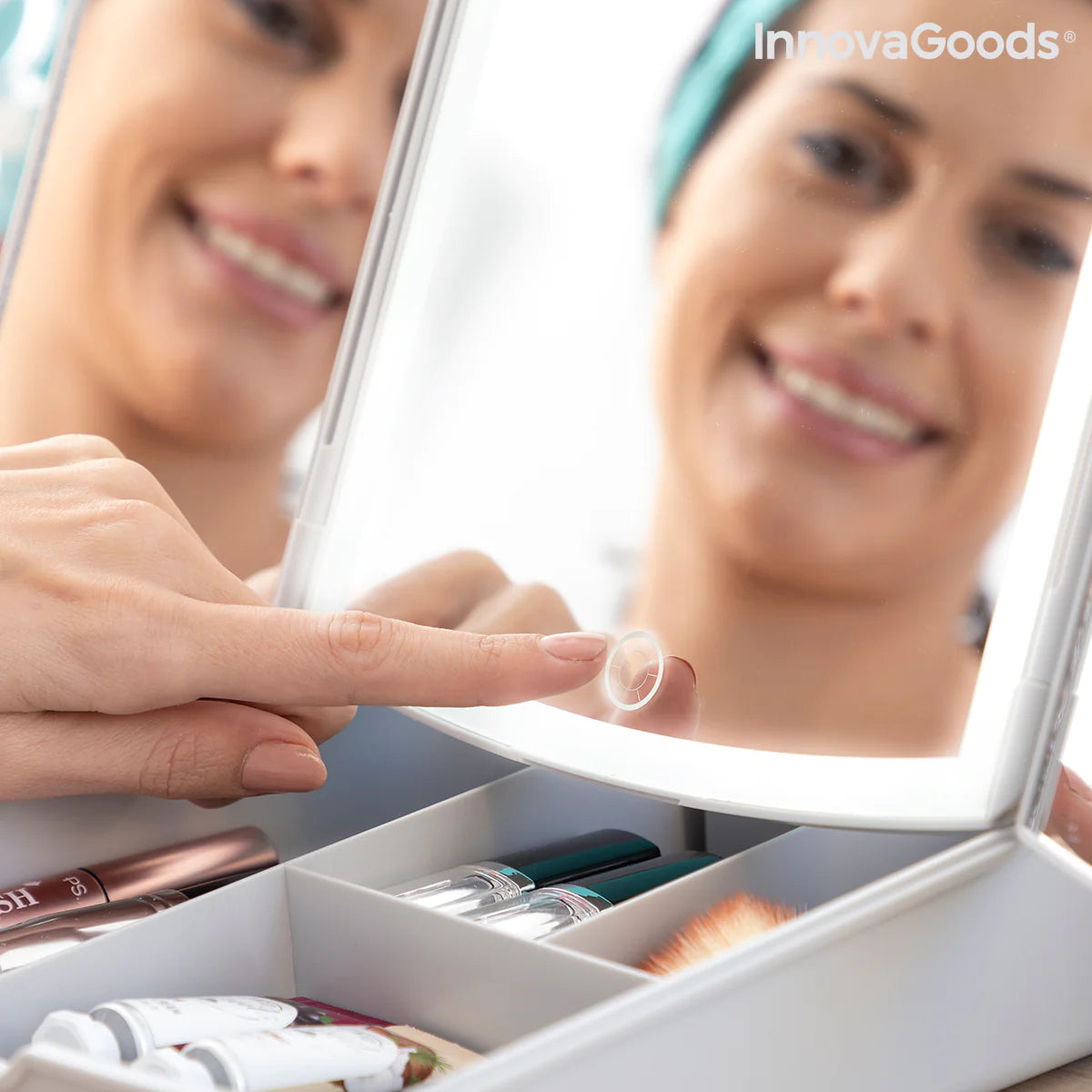3-In-1 Folding LED Mirror with Make-up Organiser
