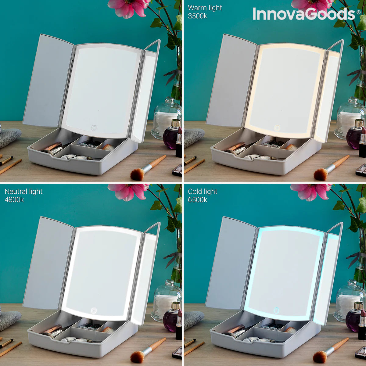 3-In-1 Folding LED Mirror with Make-up Organiser