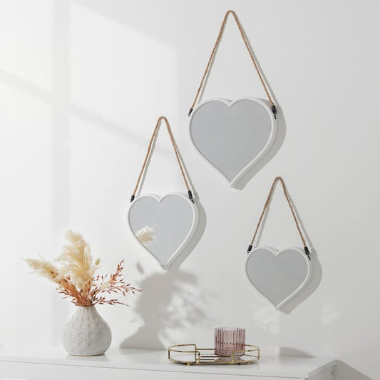 Rope Hanging Heart Mirrors (Set of 3) - White