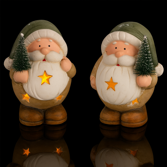 Pair Of Colored Terracotta Santa Claus with Tree & LED Lights