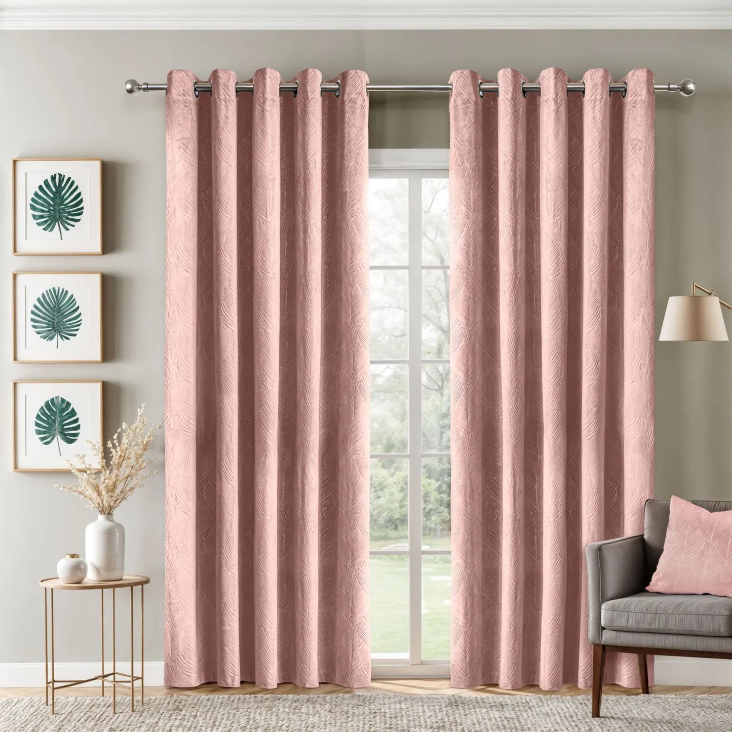 Embossed Velvet Woven Blackout Eyelet Curtains - Pink - 168x228cm (66x90 Drop)