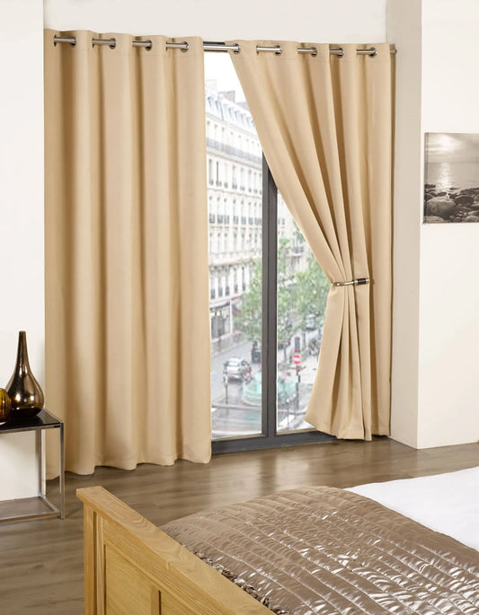 Essential Blackout Collection – Woven Blackout Eyelet Curtains in Beige 90 x 90 (229 x 229cm)