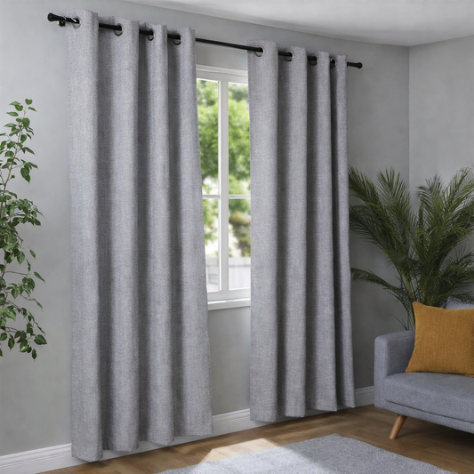Linen Look Grey Eyelet Blackout Pair Of Curtains  - 138 x 220cm Drop