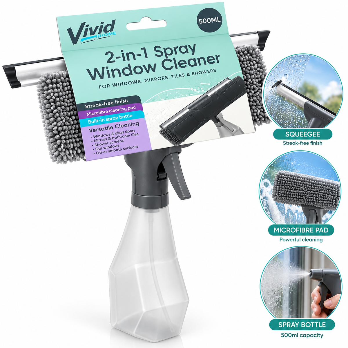 Vivid 2-in-1 Spray Window Cleaner with Microfibre Pad – 800ml