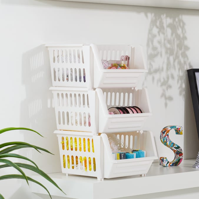 Utility 3 Tier Stackable Storage Baskets - White