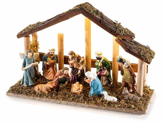 Wooden Nativity Scene with Resin Figures – 25cm