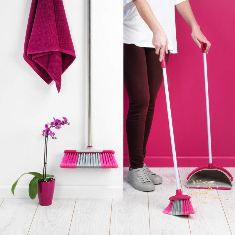 Self-Standing Dustpan And Broom Set, Aluminium, White/Pink - Kleeneze
