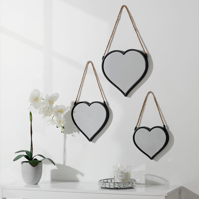 Rope Hanging Heart Mirors (Set of 3) - Black