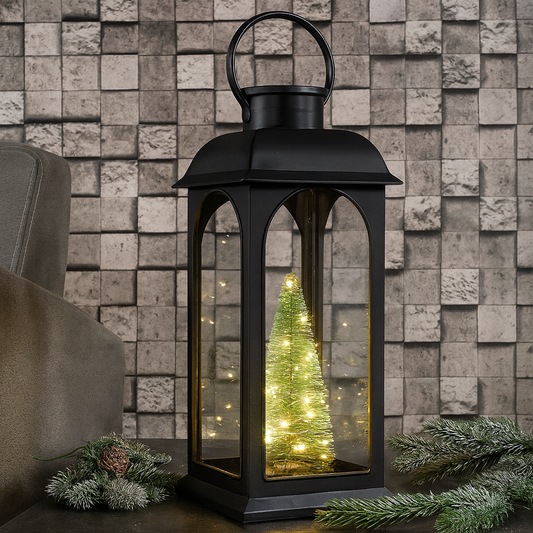 Metal Effect Lantern with Tree & LED Lights