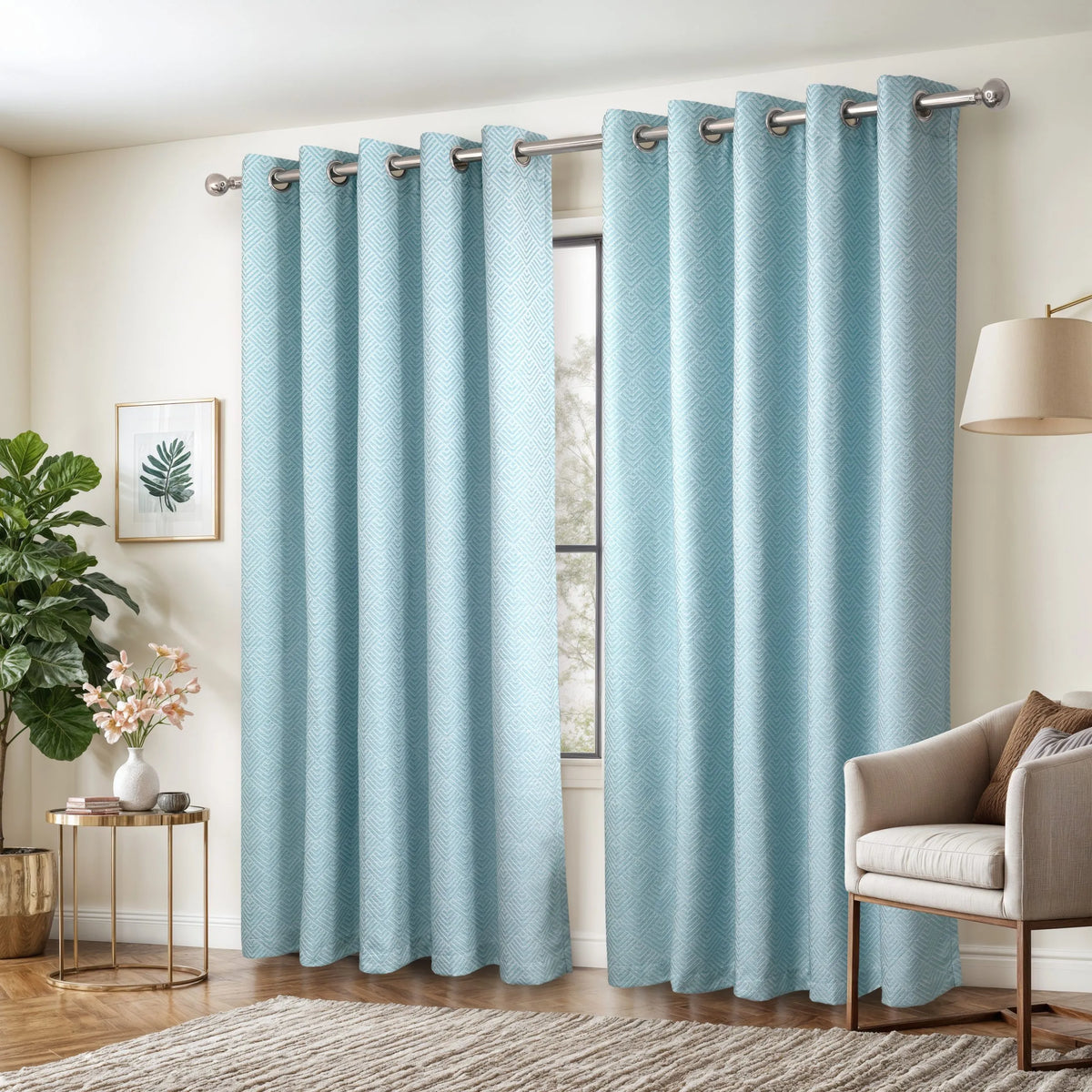 Jacquard Blackout Eyelet Curtains – Duck Egg – 66" x 90" (168x229cm)