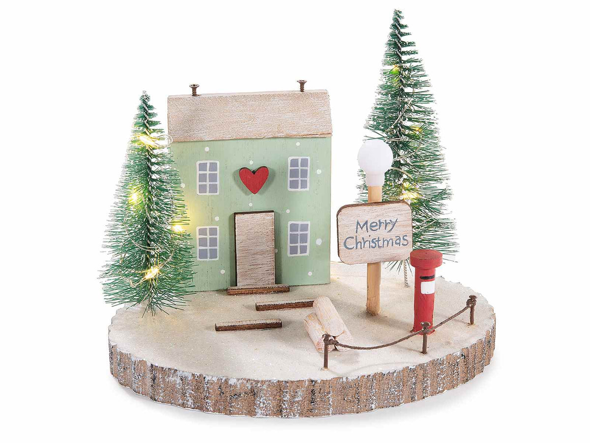 Wooden Christmas House Scene with LED Trees – 16cm