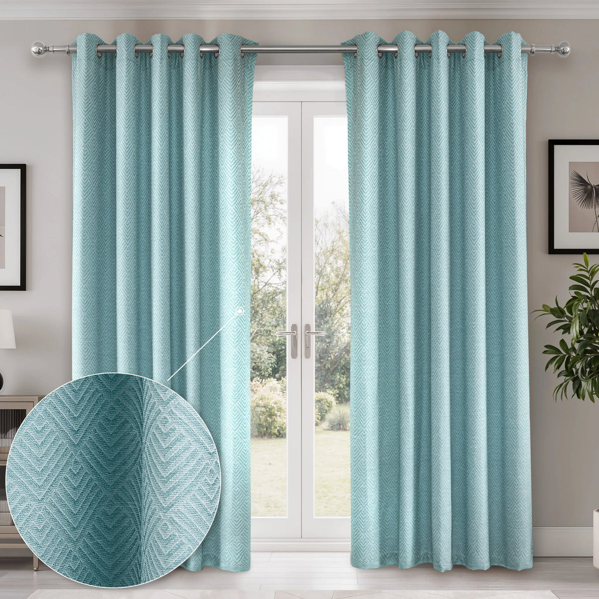 Jacquard Blackout Eyelet Curtains – Duck Egg – 66" x 90" (168x229cm)